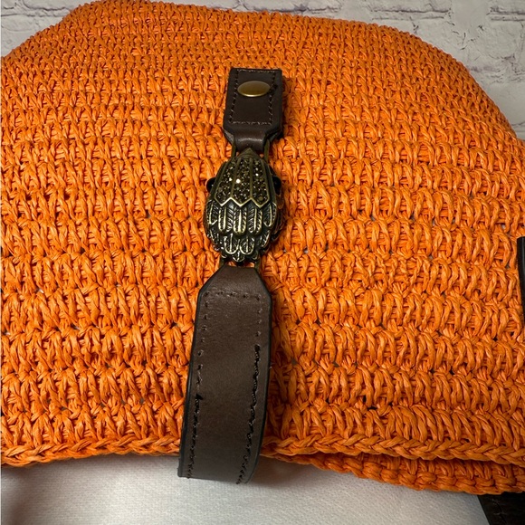 KURT GEIGER Hampton Raffia and Leather Shoulder Tote Bag Orange Brass Eagle Head - Picture 10 of 16